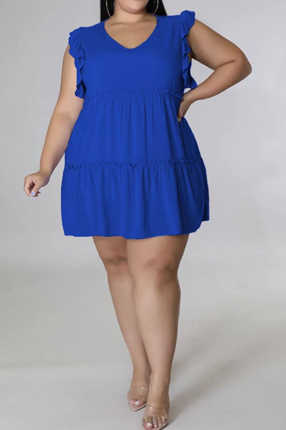 Plus Size V-Neck Frill Trim Mini Dress - Clothes For Her Online Store