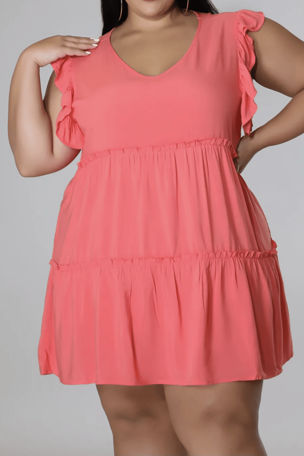 Plus Size V-Neck Frill Trim Mini Dress - Clothes For Her Online Store