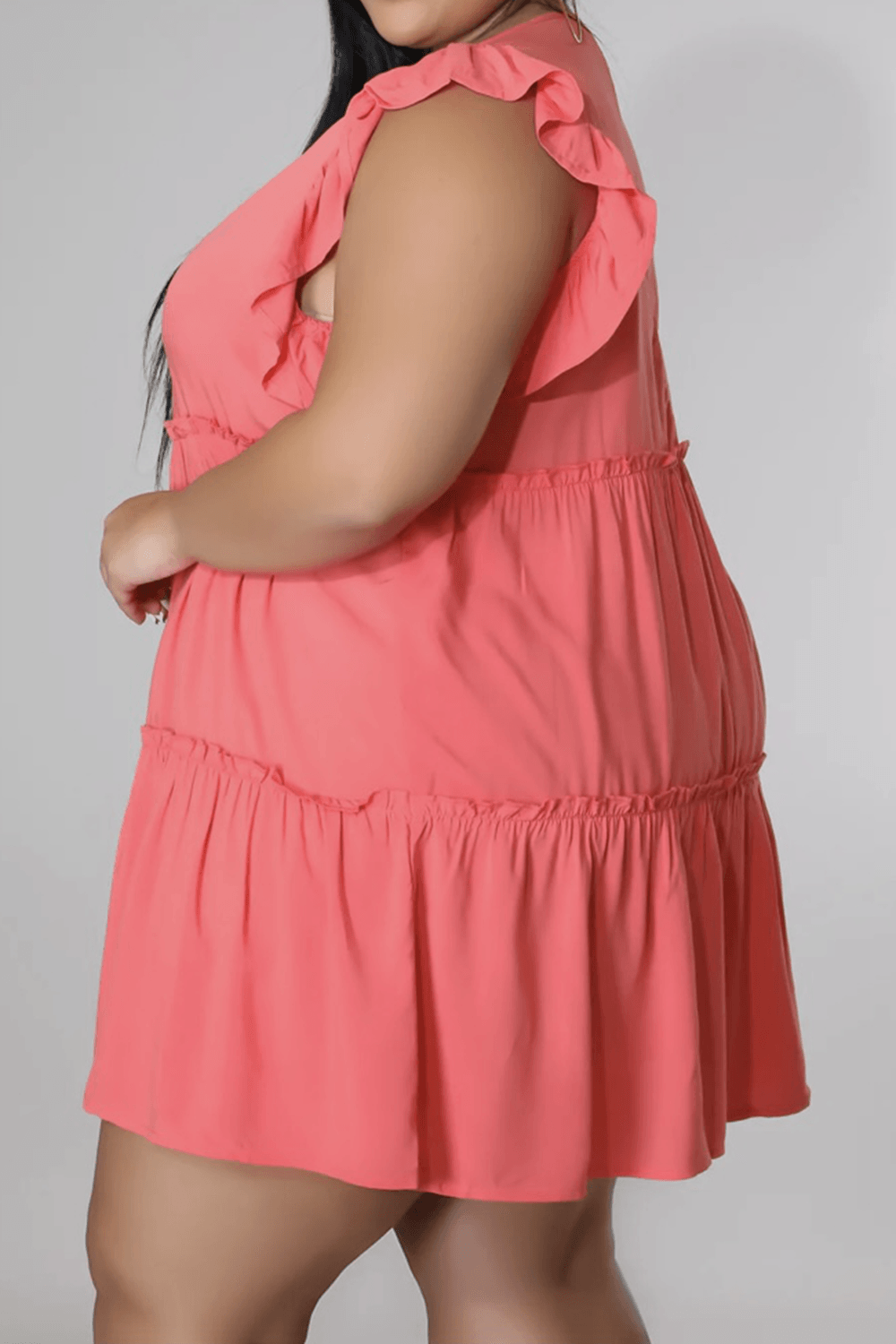 Plus Size V-Neck Frill Trim Mini Dress - Clothes For Her Online Store