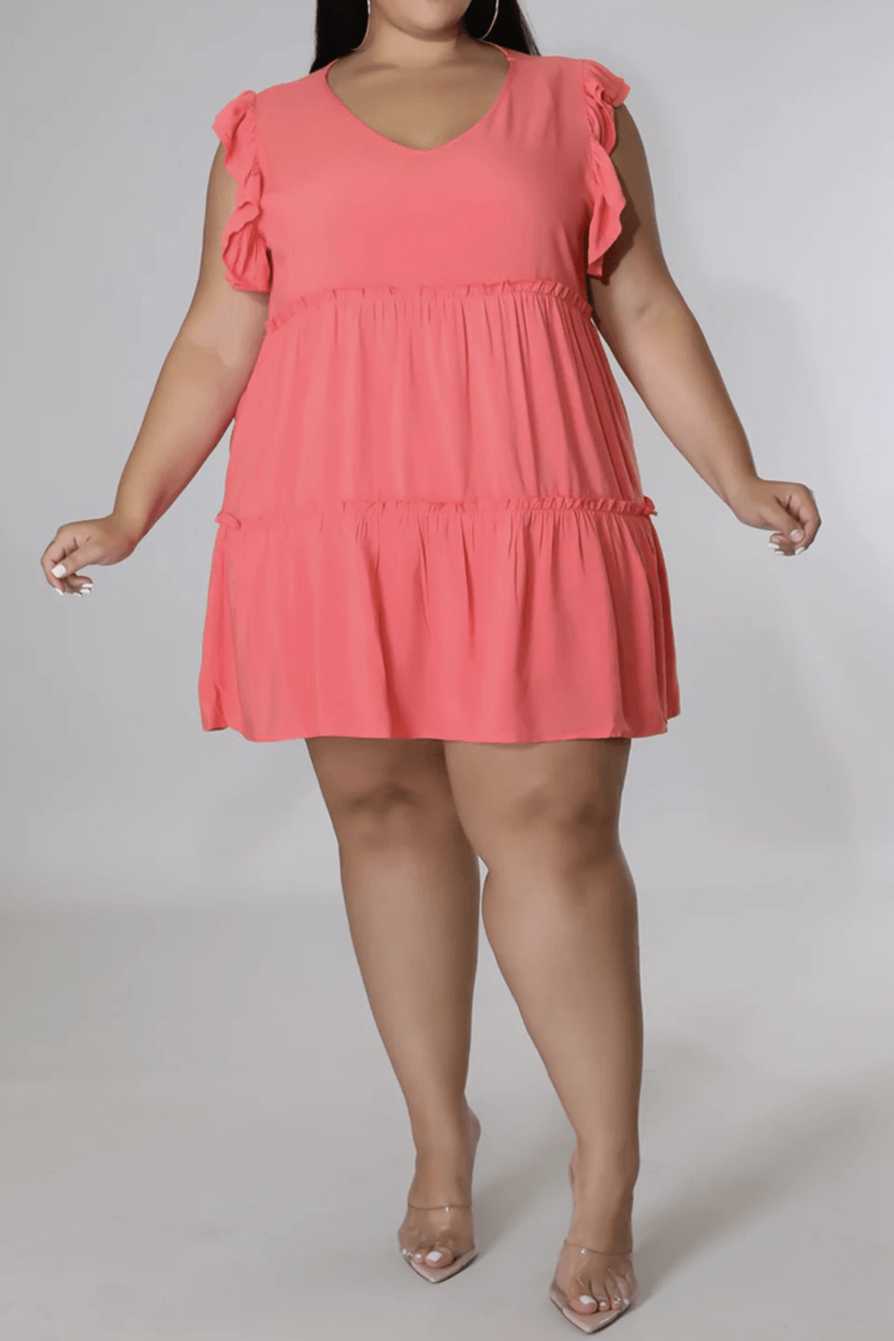 Plus Size V-Neck Frill Trim Mini Dress - Clothes For Her Online Store