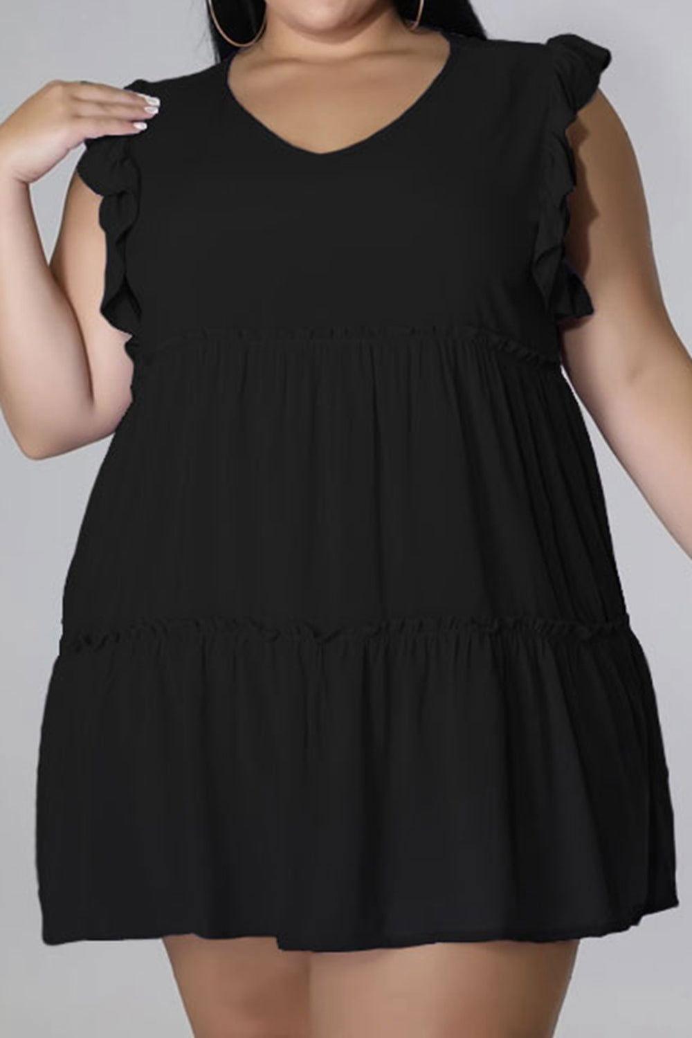 Plus Size V-Neck Frill Trim Mini Dress - Clothes For Her Online Store