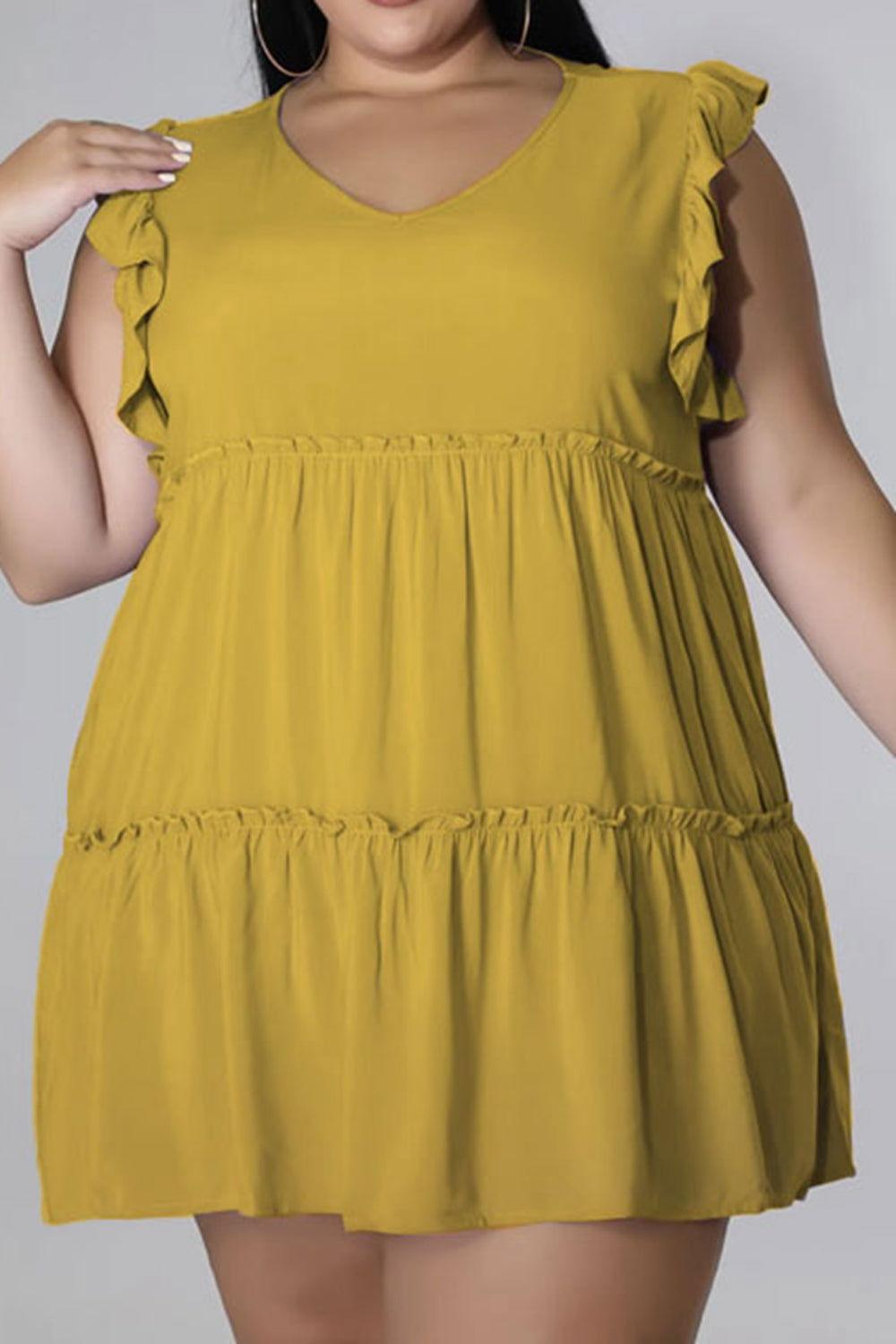 Plus Size V-Neck Frill Trim Mini Dress - Clothes For Her Online Store