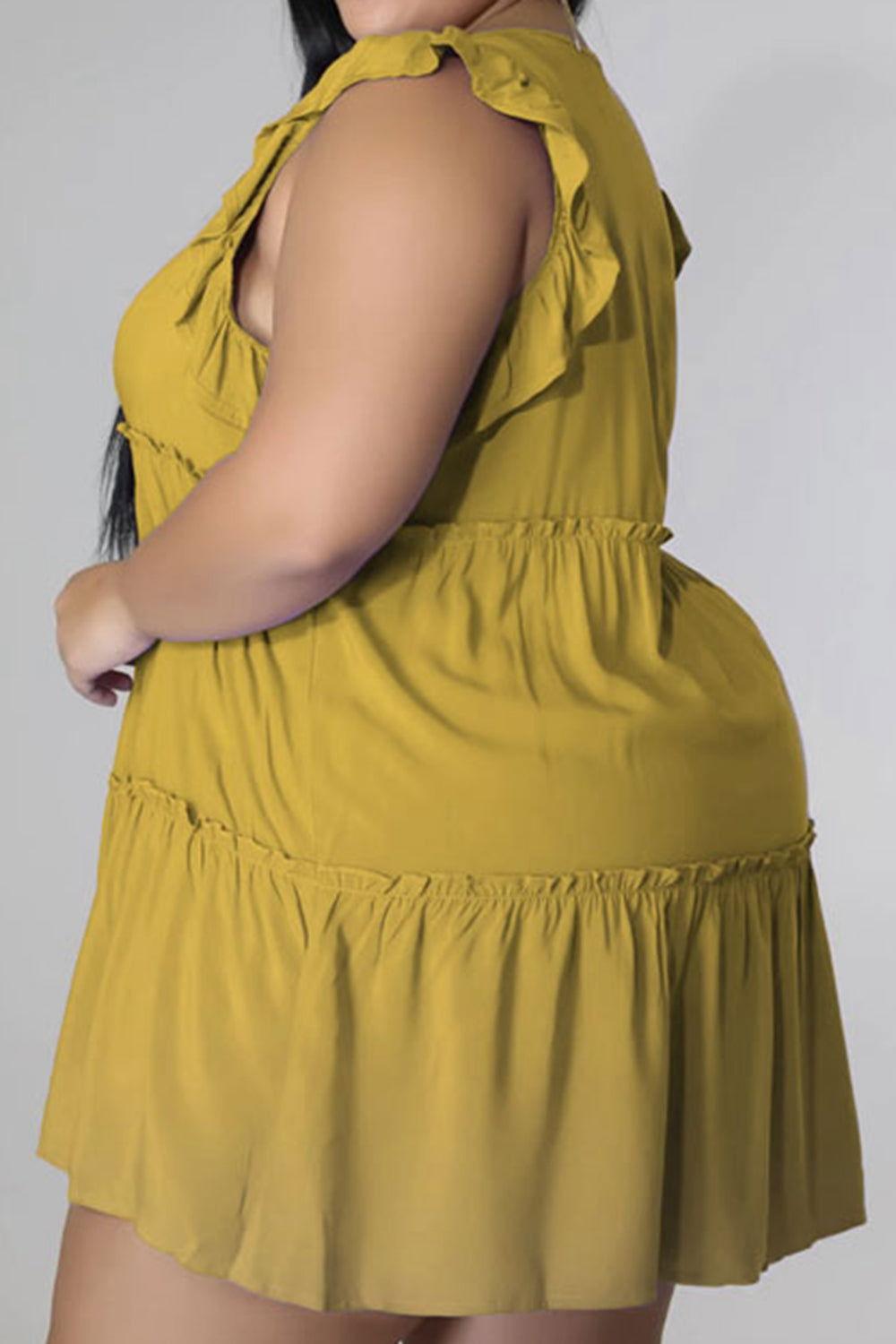 Plus Size V-Neck Frill Trim Mini Dress - Clothes For Her Online Store