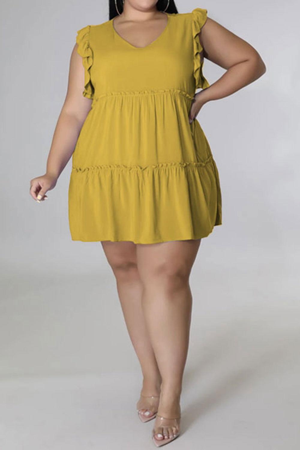 Plus Size V-Neck Frill Trim Mini Dress - Clothes For Her Online Store
