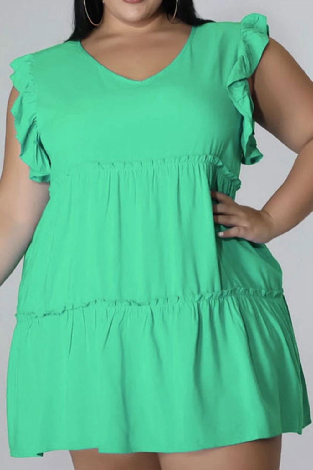 Plus Size V-Neck Frill Trim Mini Dress - Clothes For Her Online Store