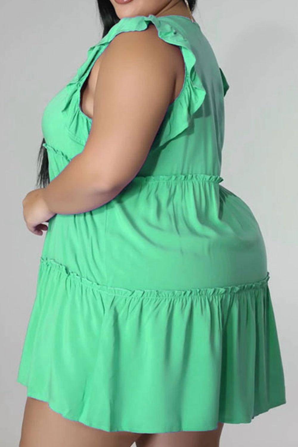Plus Size V-Neck Frill Trim Mini Dress - Clothes For Her Online Store