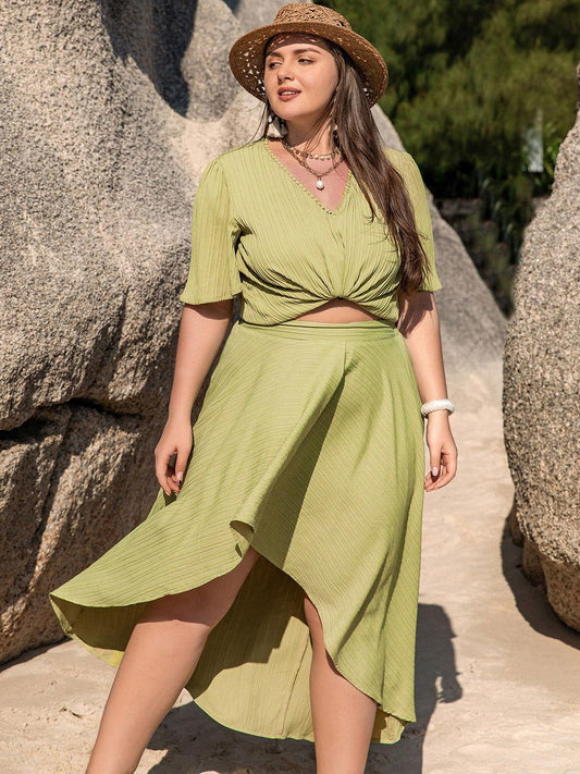 Plus Size V-Neck Half Sleeve Top and High-Low Skirt Set - Clothes For Her Online Store