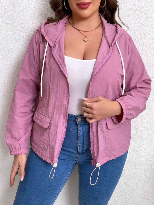 Plus Size Zip-Up Drawstring Hooded Jacket with Pockets - Clothes For Her Online Store