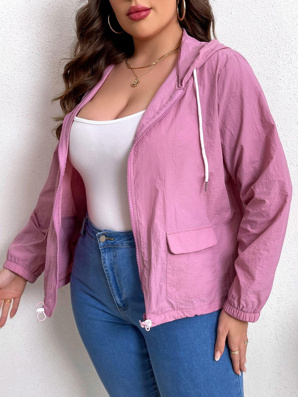 Plus Size Zip-Up Drawstring Hooded Jacket with Pockets - Clothes For Her Online Store