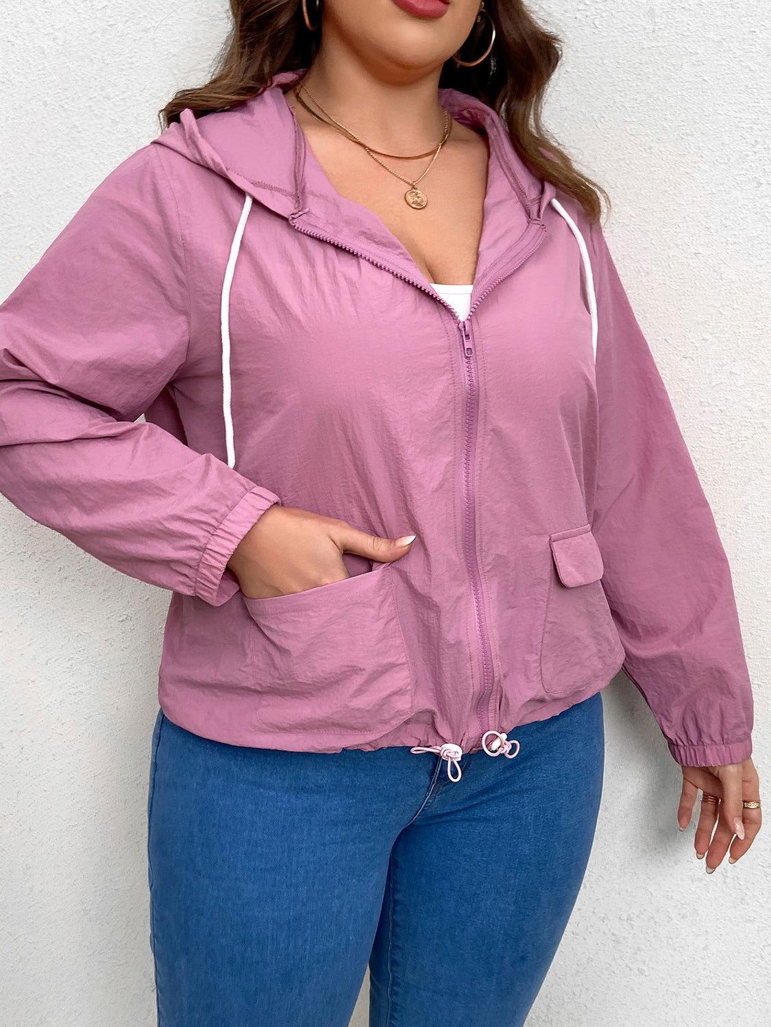 Plus Size Zip-Up Drawstring Hooded Jacket with Pockets - Clothes For Her Online Store