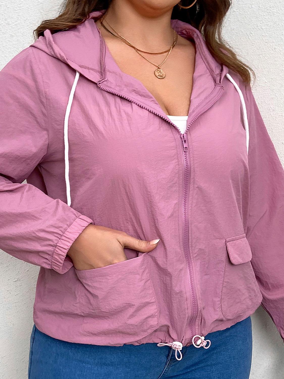 Plus Size Zip-Up Drawstring Hooded Jacket with Pockets - Clothes For Her Online Store