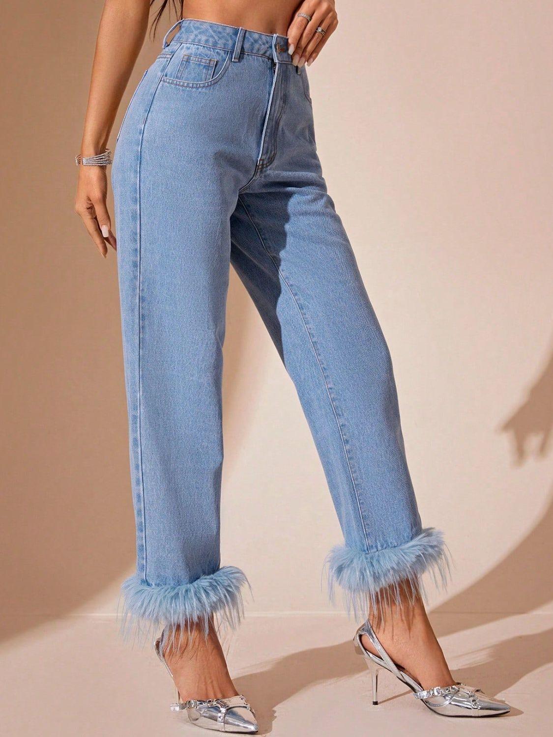 Plush Hem High Rise Straight Jeans - Clothes For Her Online Store