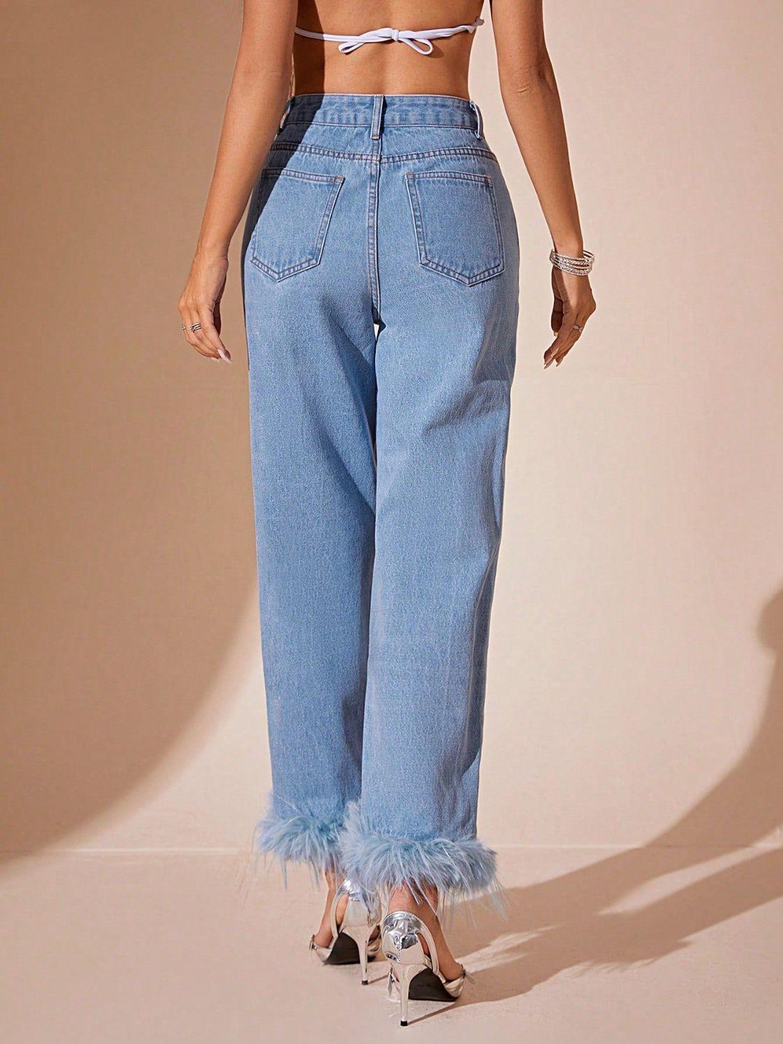 Plush Hem High Rise Straight Jeans - Clothes For Her Online Store