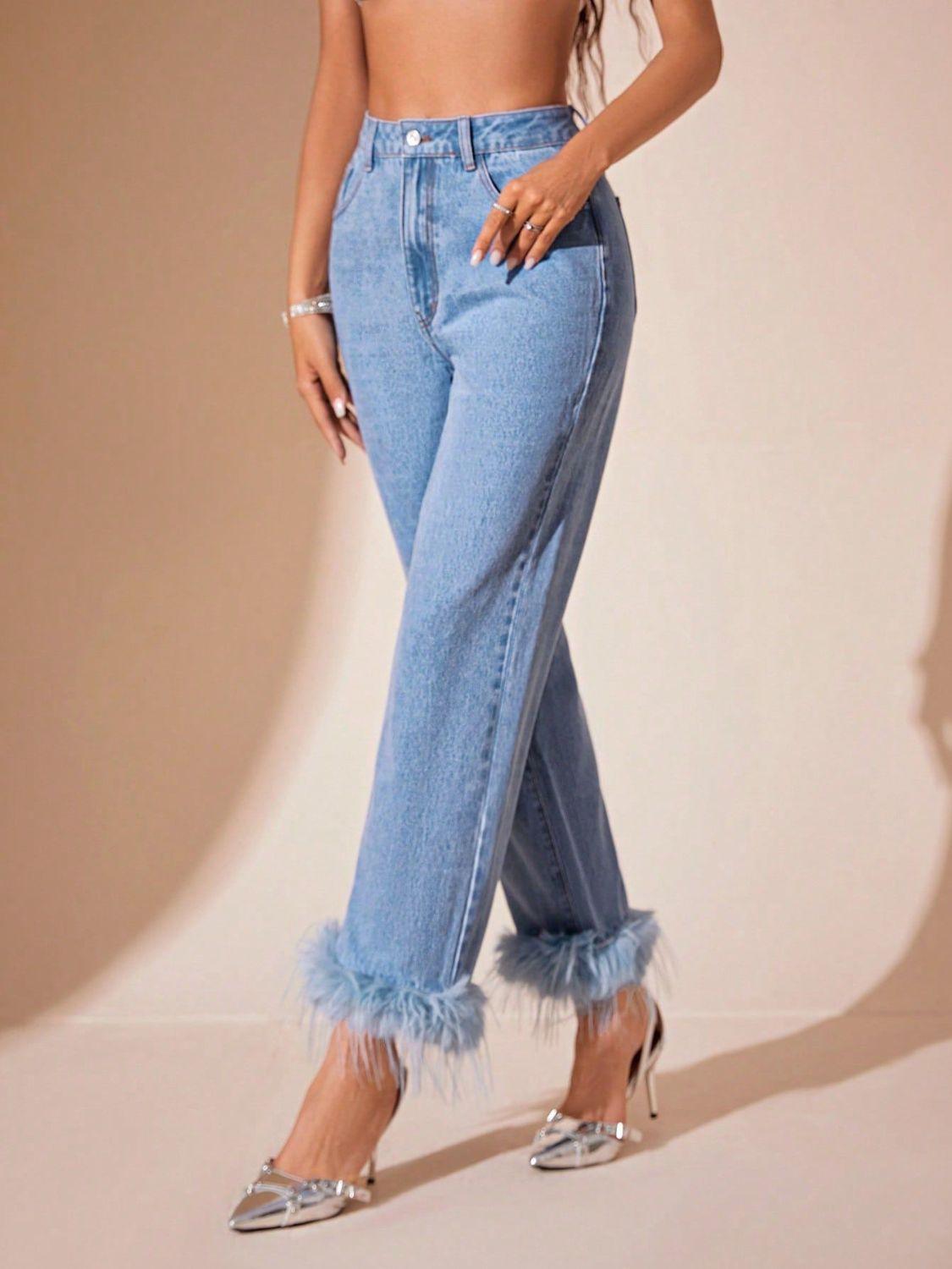 Plush Hem High Rise Straight Jeans - Clothes For Her Online Store