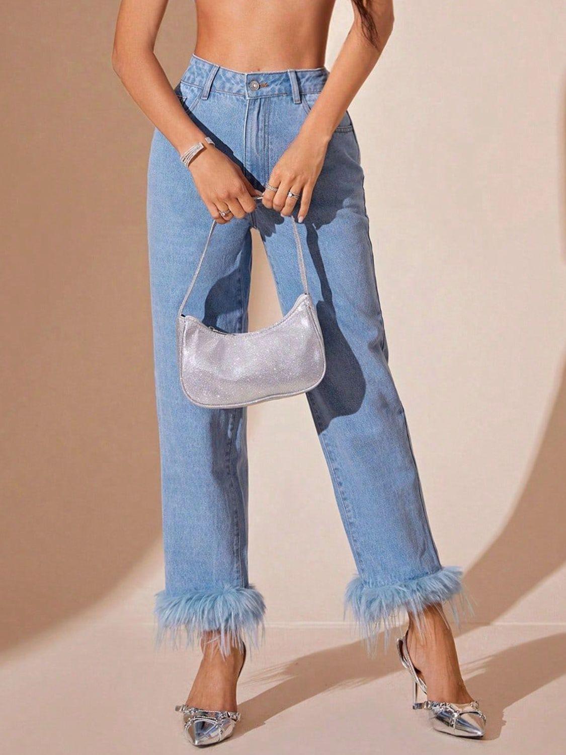 Plush Hem High Rise Straight Jeans - Clothes For Her Online Store