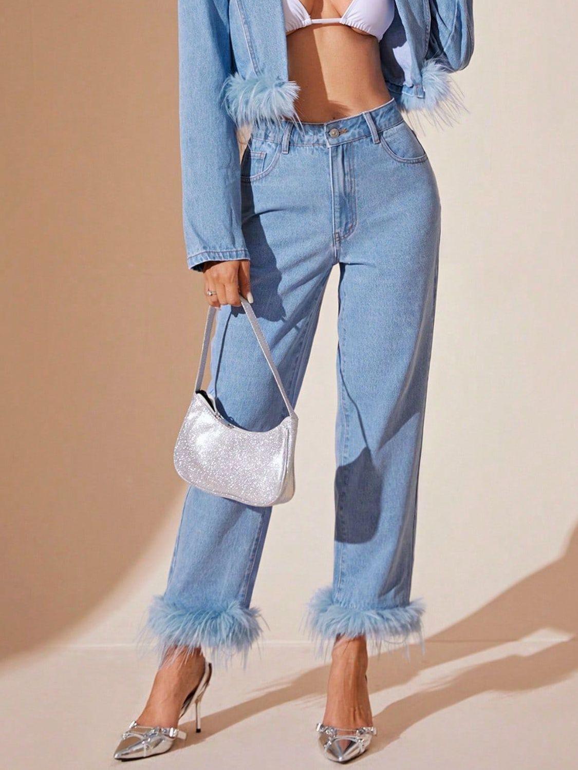Plush Hem High Rise Straight Jeans - Clothes For Her Online Store