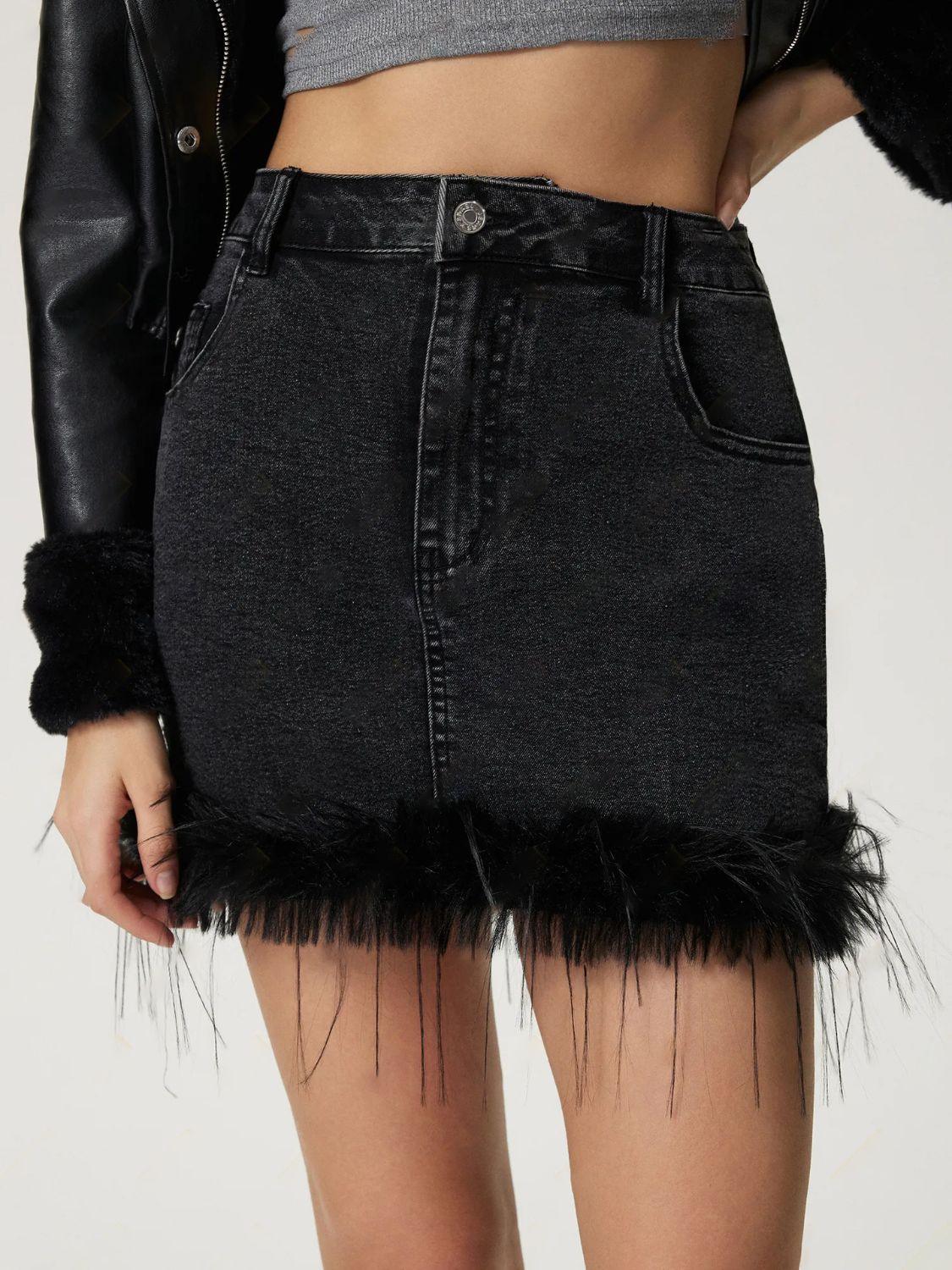 Plush Hem Mini Denim Skirt - Clothes For Her Online Store