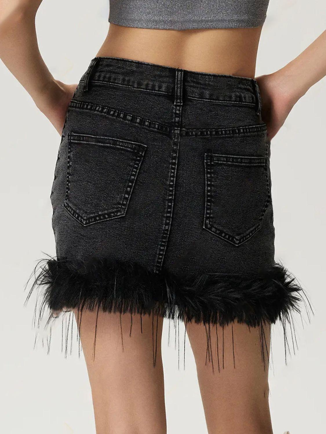 Plush Hem Mini Denim Skirt - Clothes For Her Online Store
