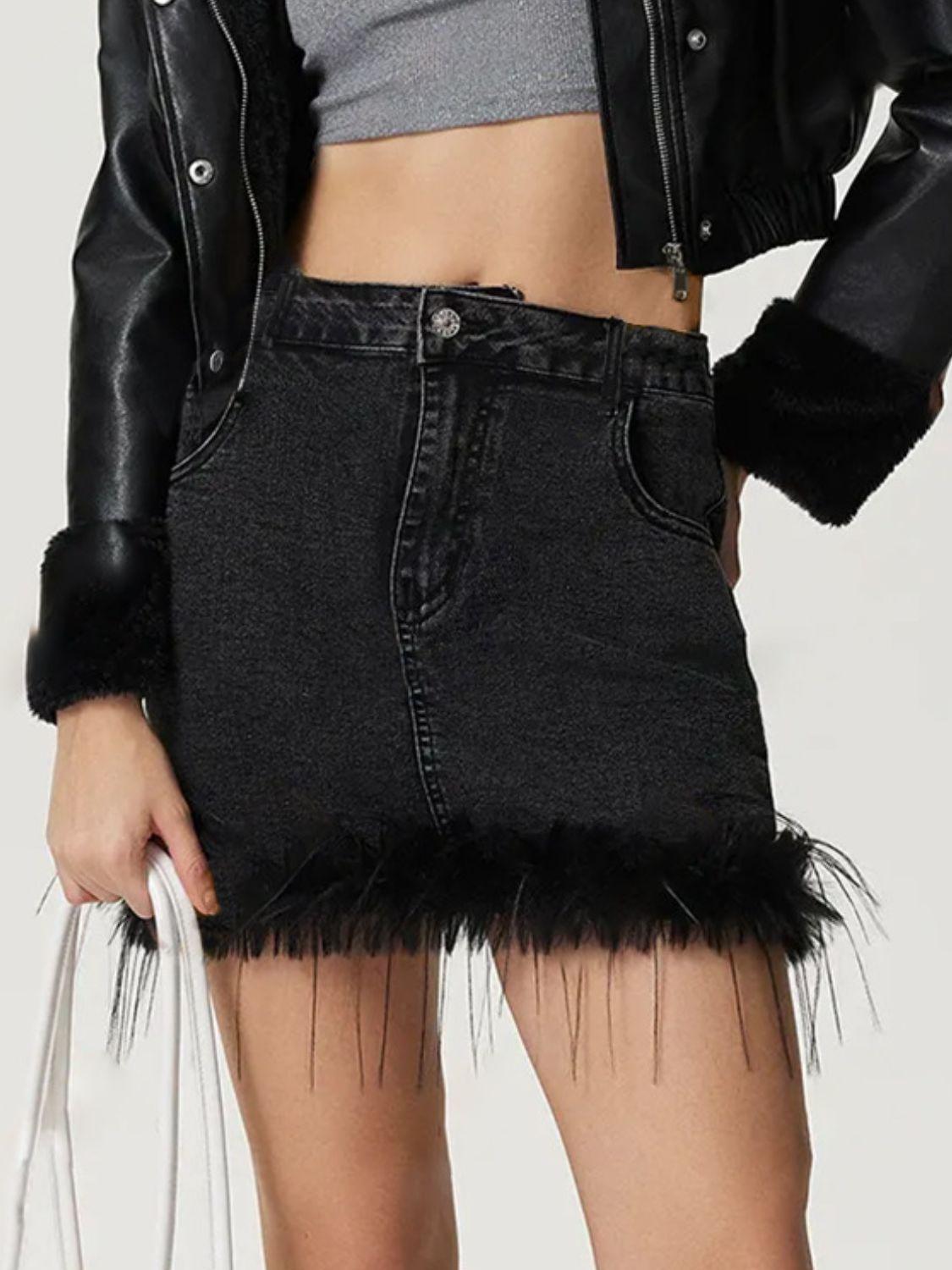 Plush Hem Mini Denim Skirt - Clothes For Her Online Store