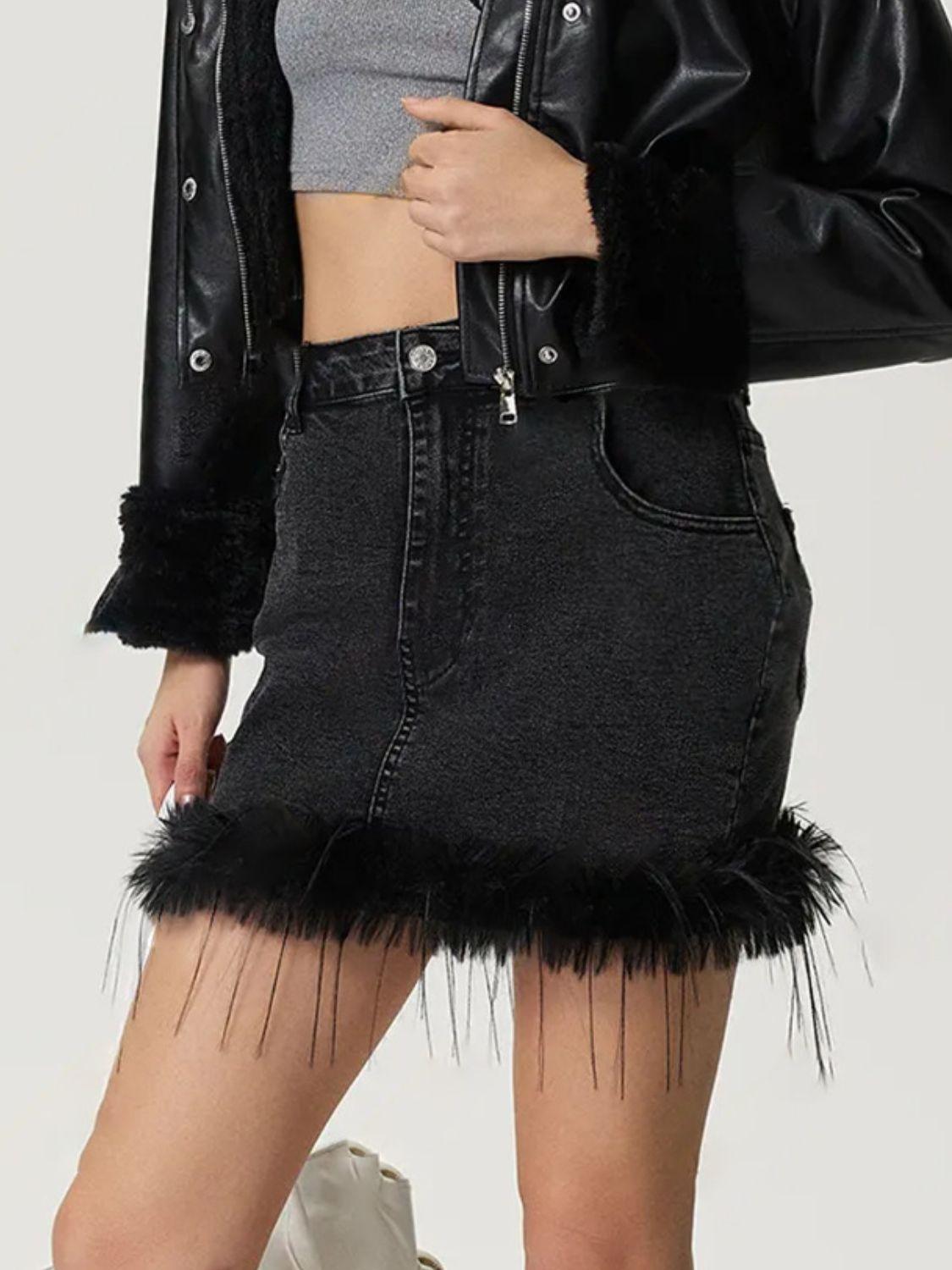 Plush Hem Mini Denim Skirt - Clothes For Her Online Store