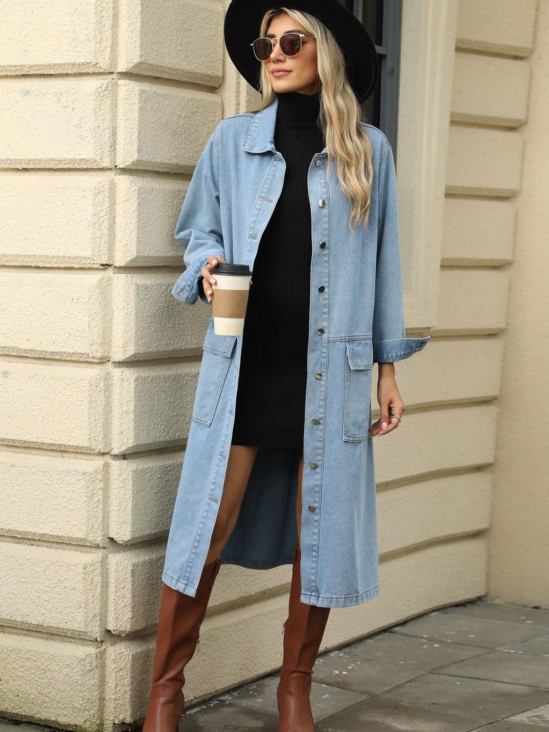 Pocketed Button Down Collared Neck Denim Jacket - Clothes For Her Online Store