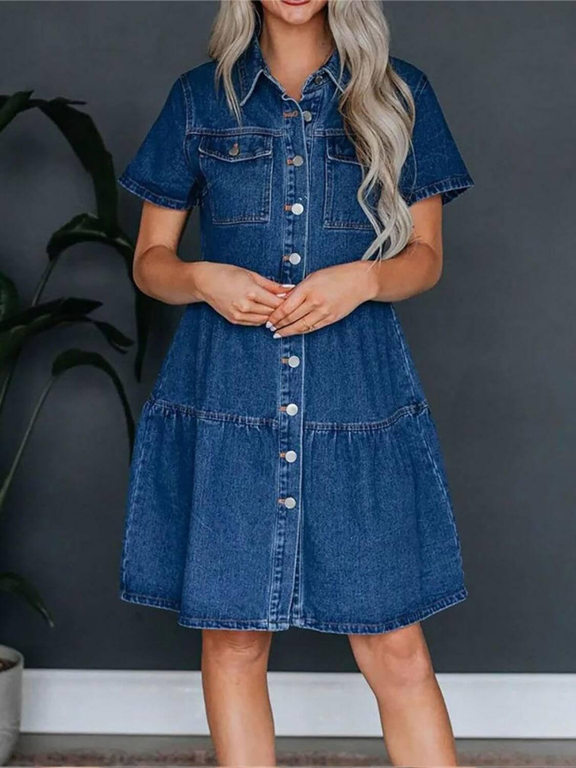 Pocketed Button Up Collared Neck Short Sleeve Denim Dress - Clothes For Her Online Store