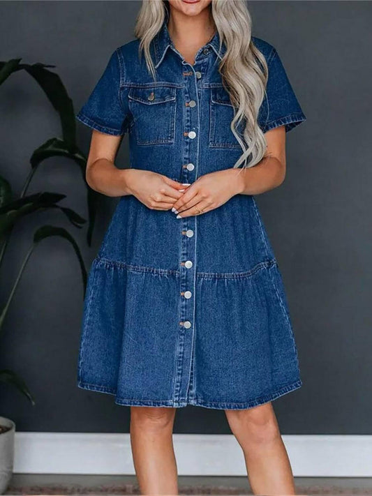 Pocketed Button Up Collared Neck Short Sleeve Denim Dress - Clothes For Her Online Store