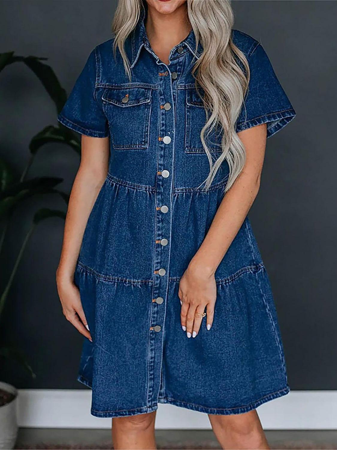 Pocketed Button Up Collared Neck Short Sleeve Denim Dress - Clothes For Her Online Store