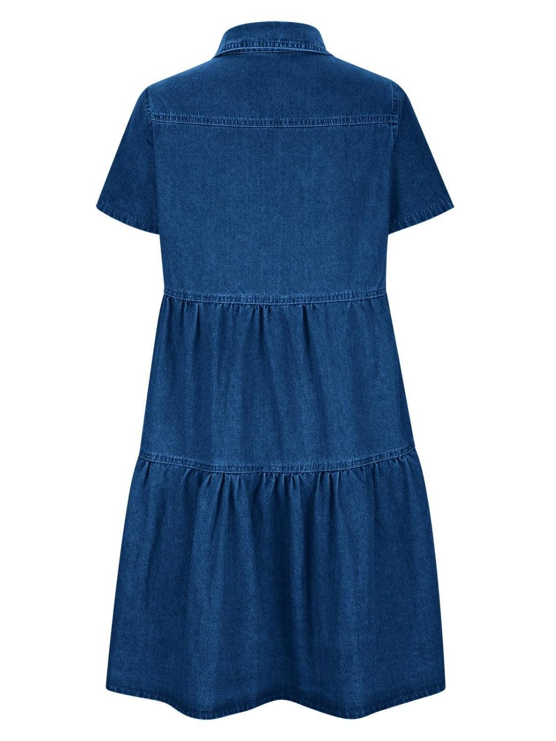 Pocketed Button Up Collared Neck Short Sleeve Denim Dress - Clothes For Her Online Store