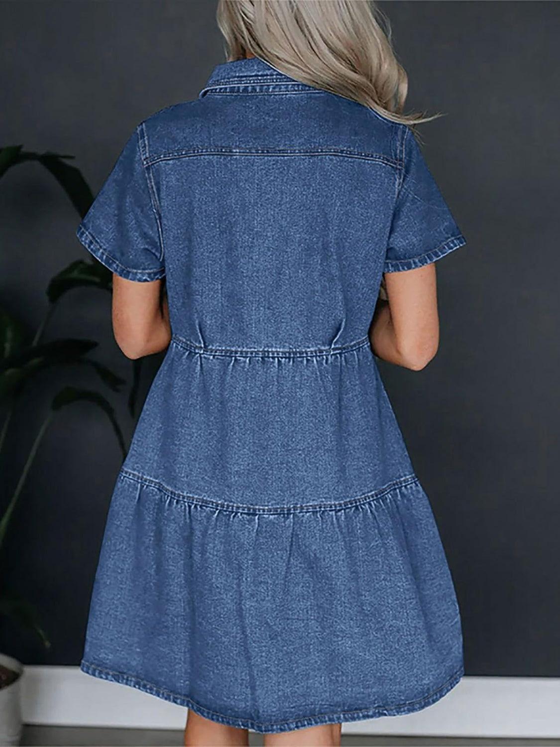 Pocketed Button Up Collared Neck Short Sleeve Denim Dress - Clothes For Her Online Store