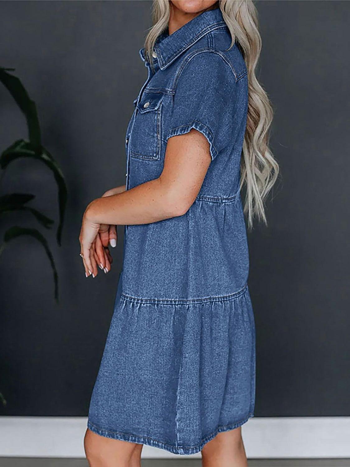 Pocketed Button Up Collared Neck Short Sleeve Denim Dress - Clothes For Her Online Store