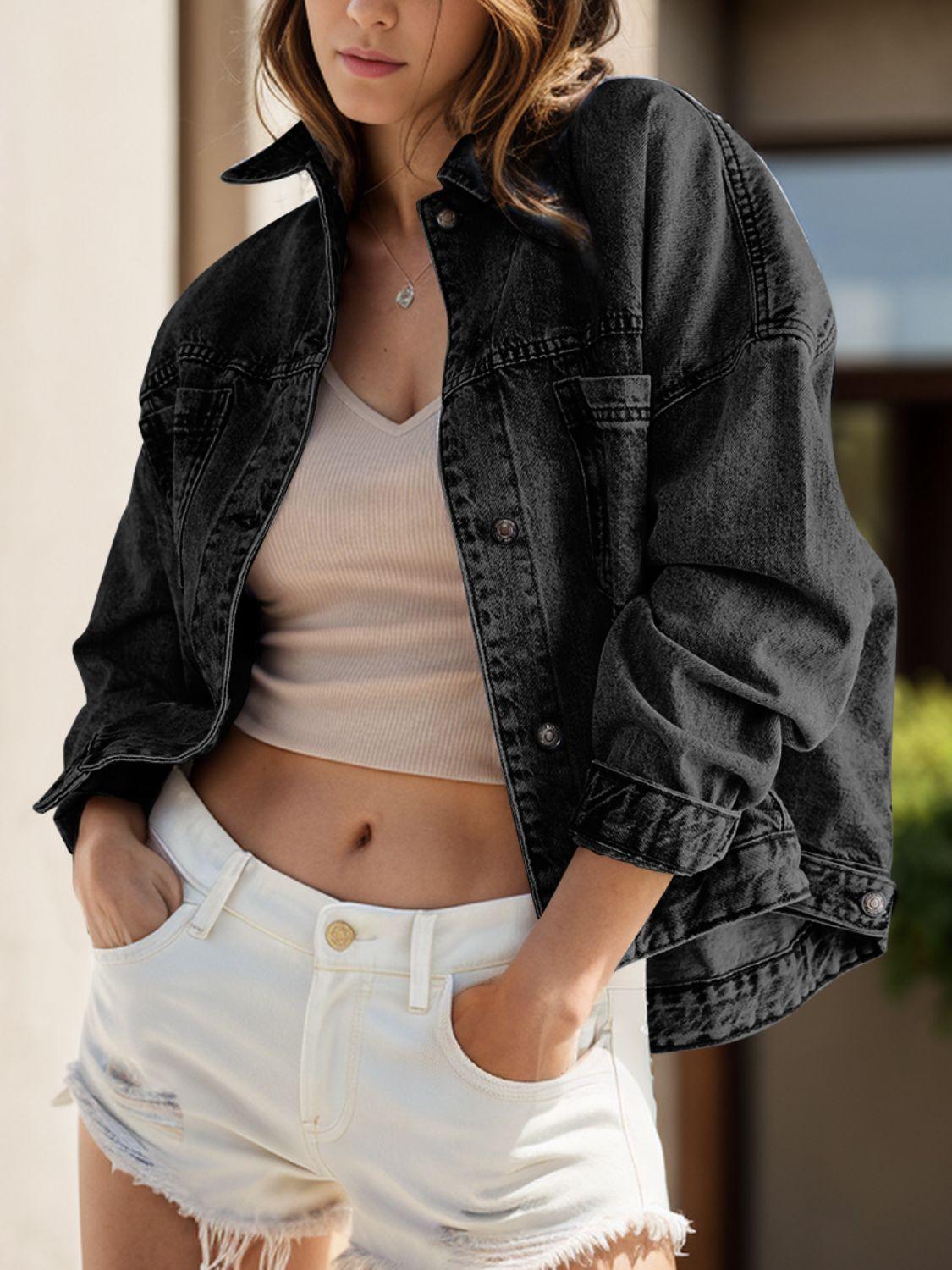 Pocketed Button Up Denim Jacket - Clothes For Her Online Store