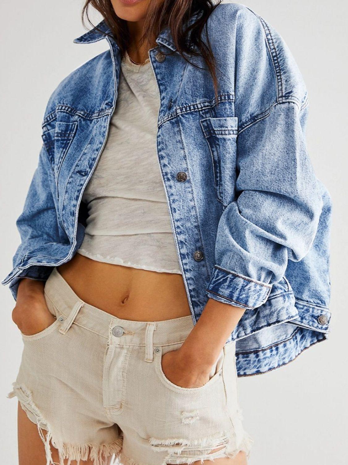 Pocketed Button Up Denim Jacket - Clothes For Her Online Store