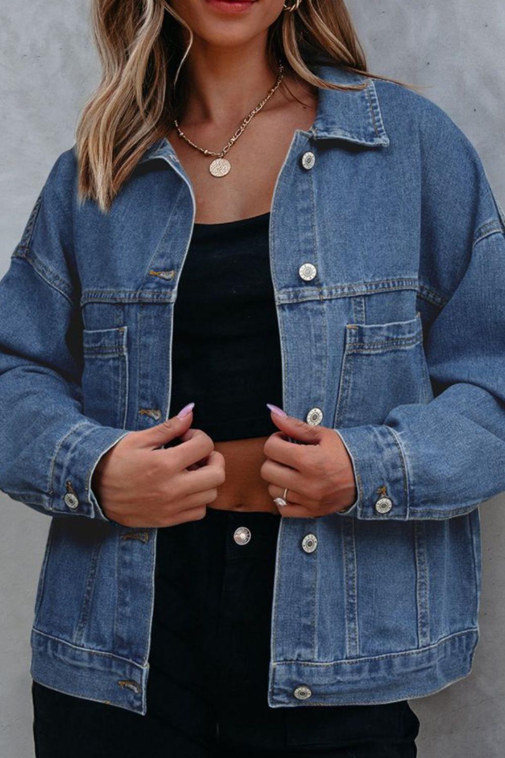 Pocketed Button Up Denim Jacket - Clothes For Her Online Store
