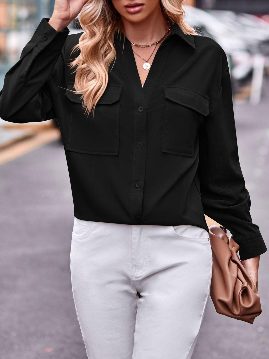 Pocketed Button Up Dropped Shoulder Shacket - Clothes For Her Online Store