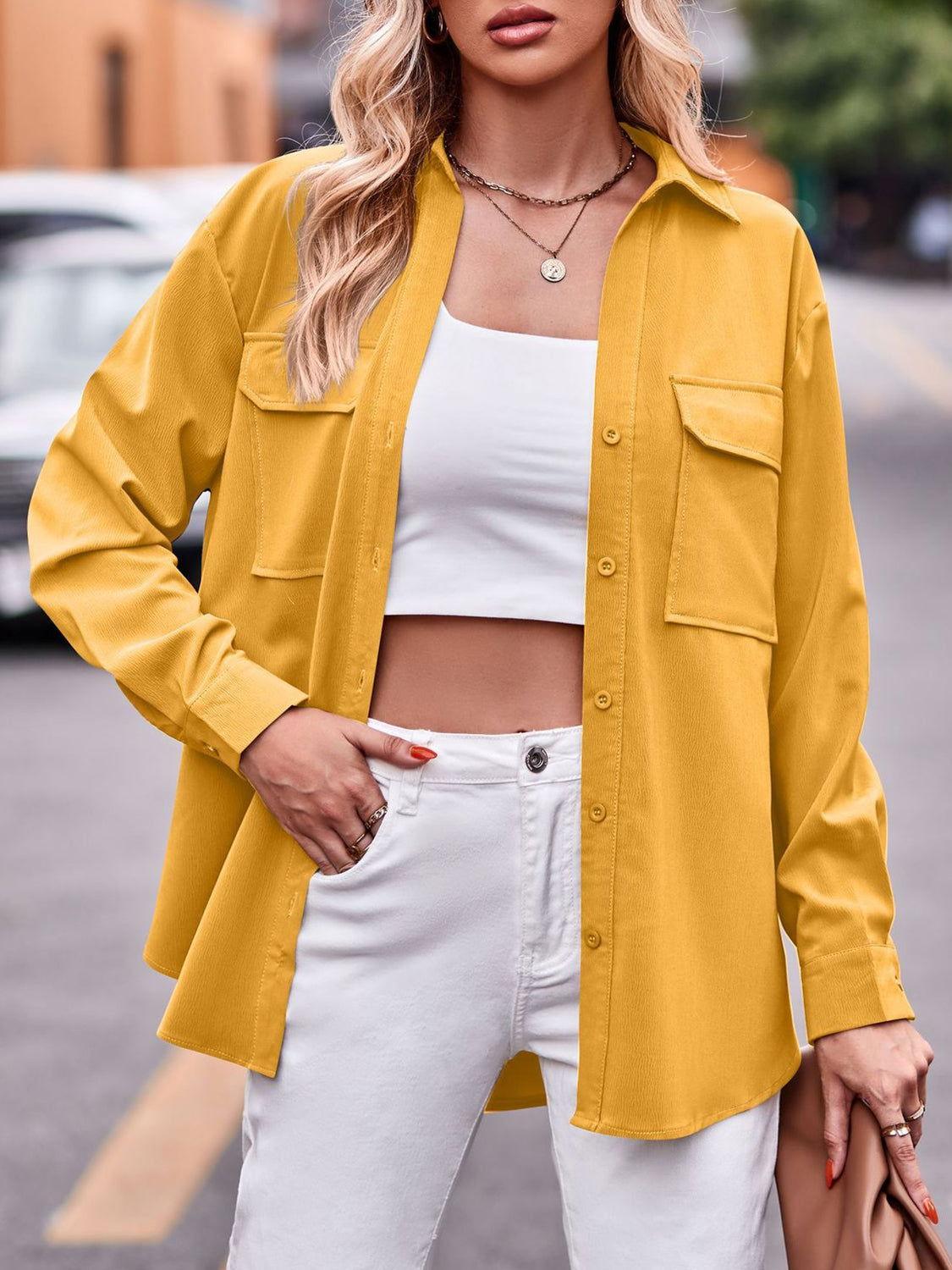 Pocketed Button Up Dropped Shoulder Shacket - Clothes For Her Online Store
