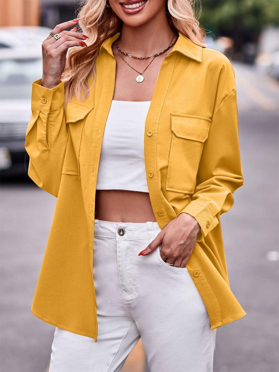 Pocketed Button Up Dropped Shoulder Shacket - Clothes For Her Online Store