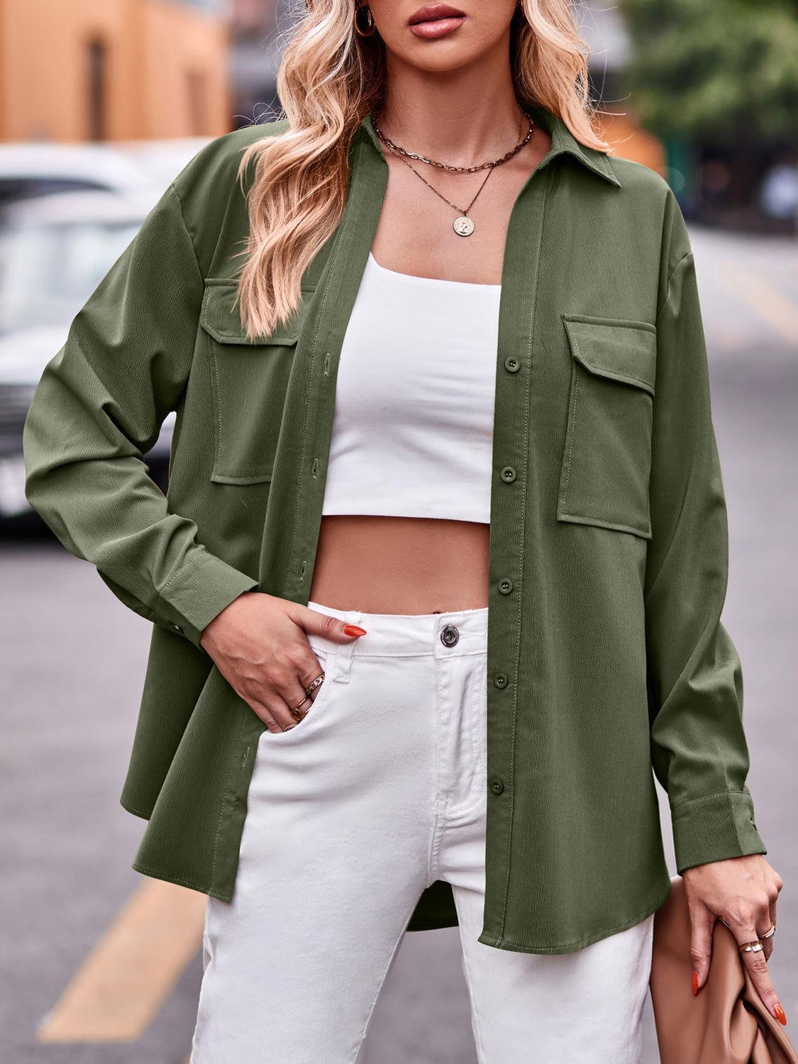 Pocketed Button Up Dropped Shoulder Shacket - Clothes For Her Online Store