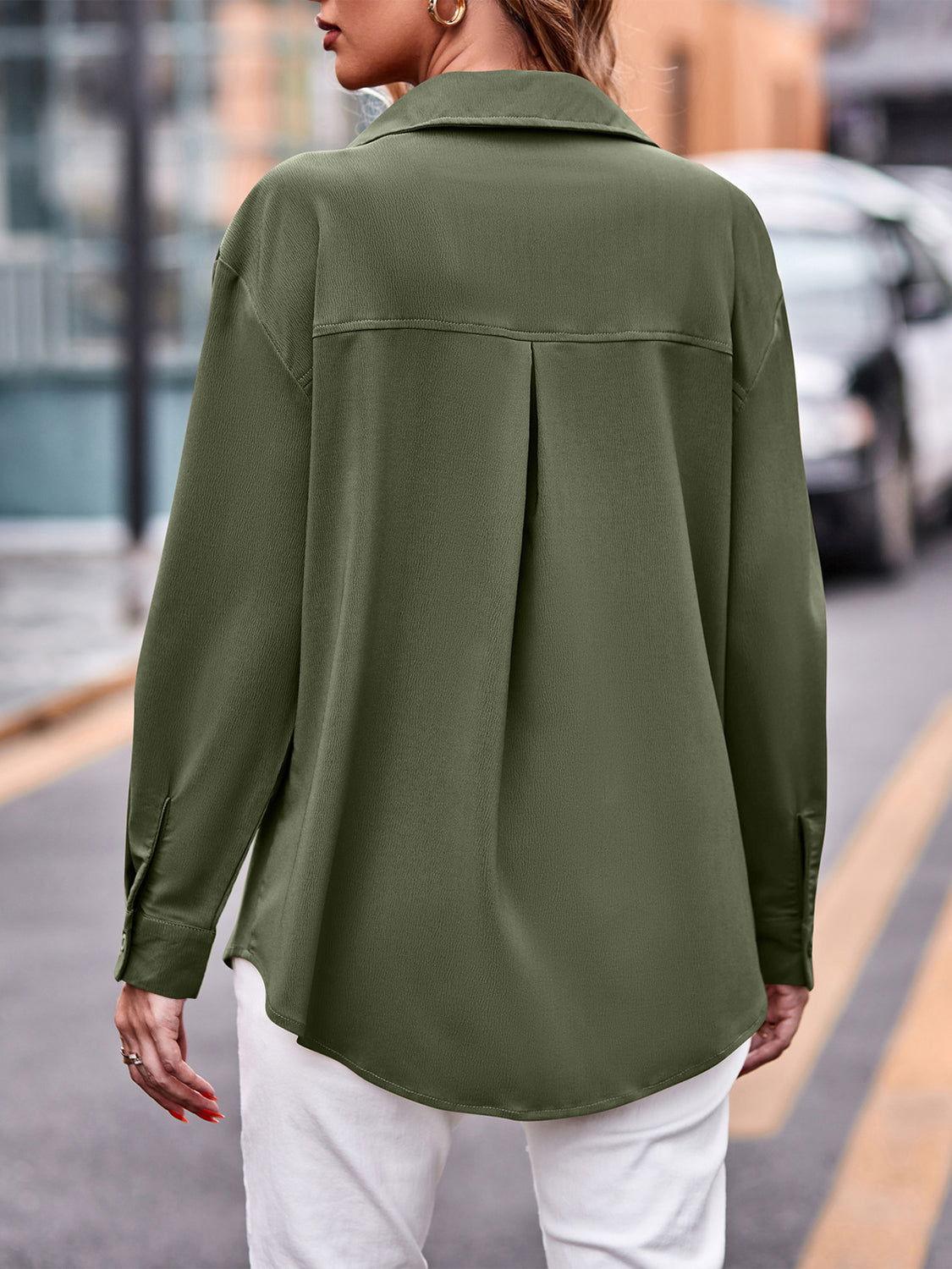 Pocketed Button Up Dropped Shoulder Shacket - Clothes For Her Online Store