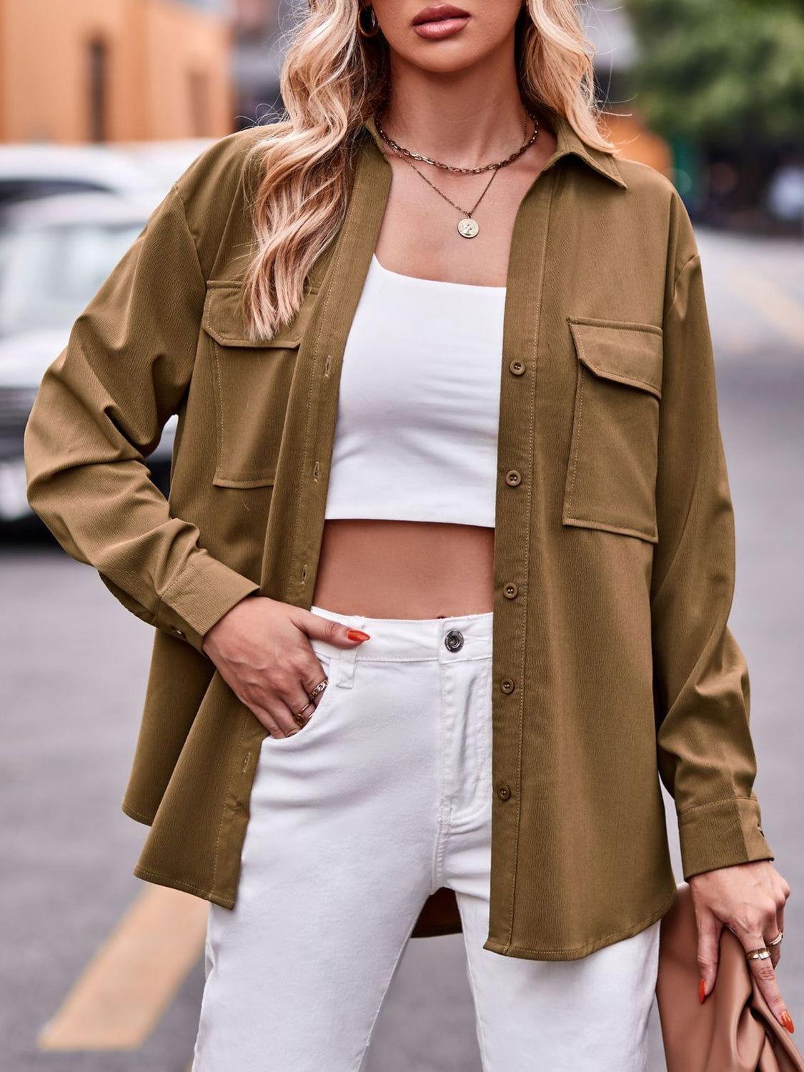 Pocketed Button Up Dropped Shoulder Shacket - Clothes For Her Online Store