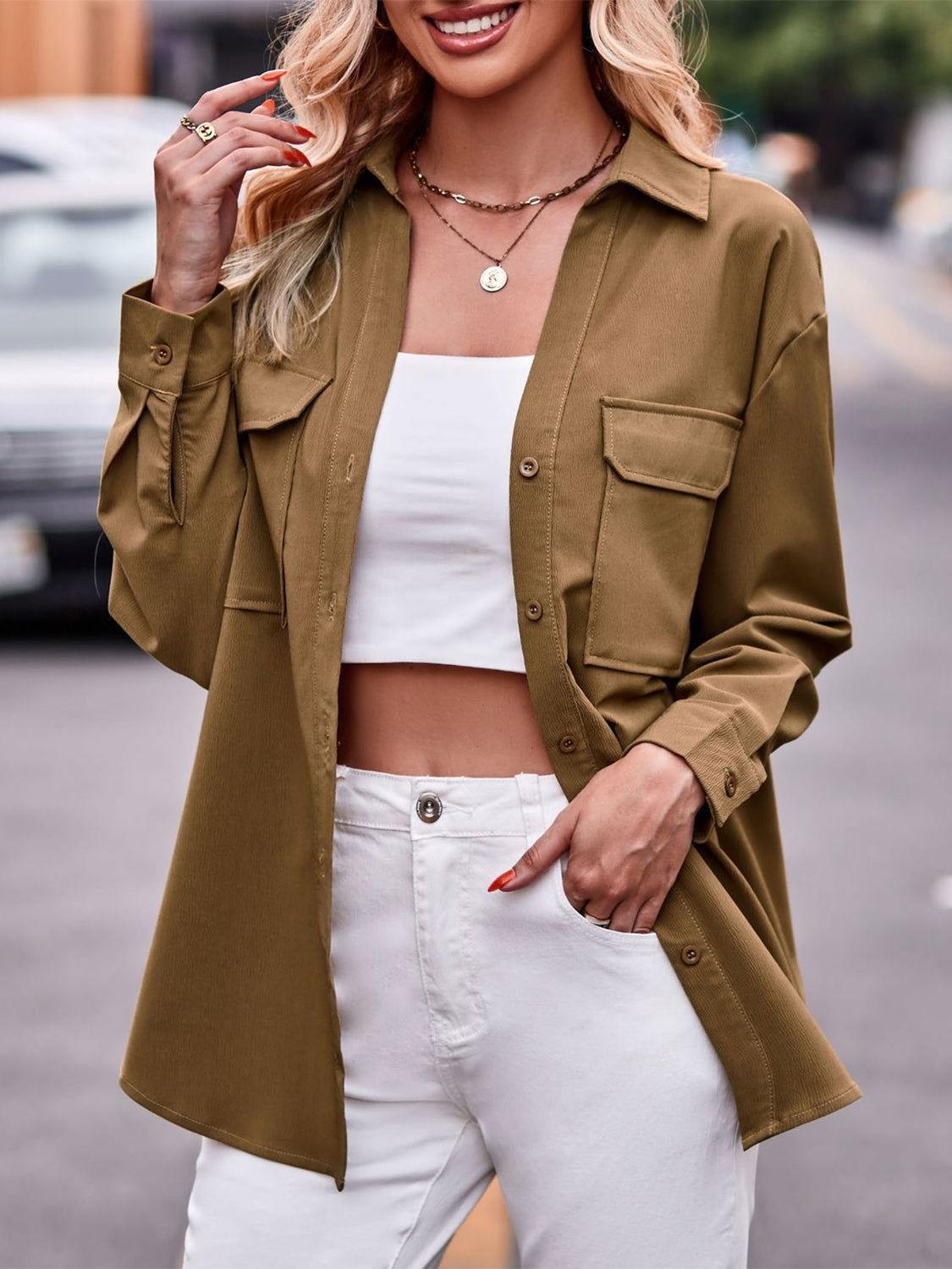 Pocketed Button Up Dropped Shoulder Shacket - Clothes For Her Online Store