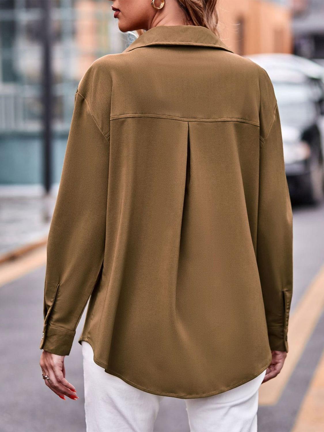 Pocketed Button Up Dropped Shoulder Shacket - Clothes For Her Online Store