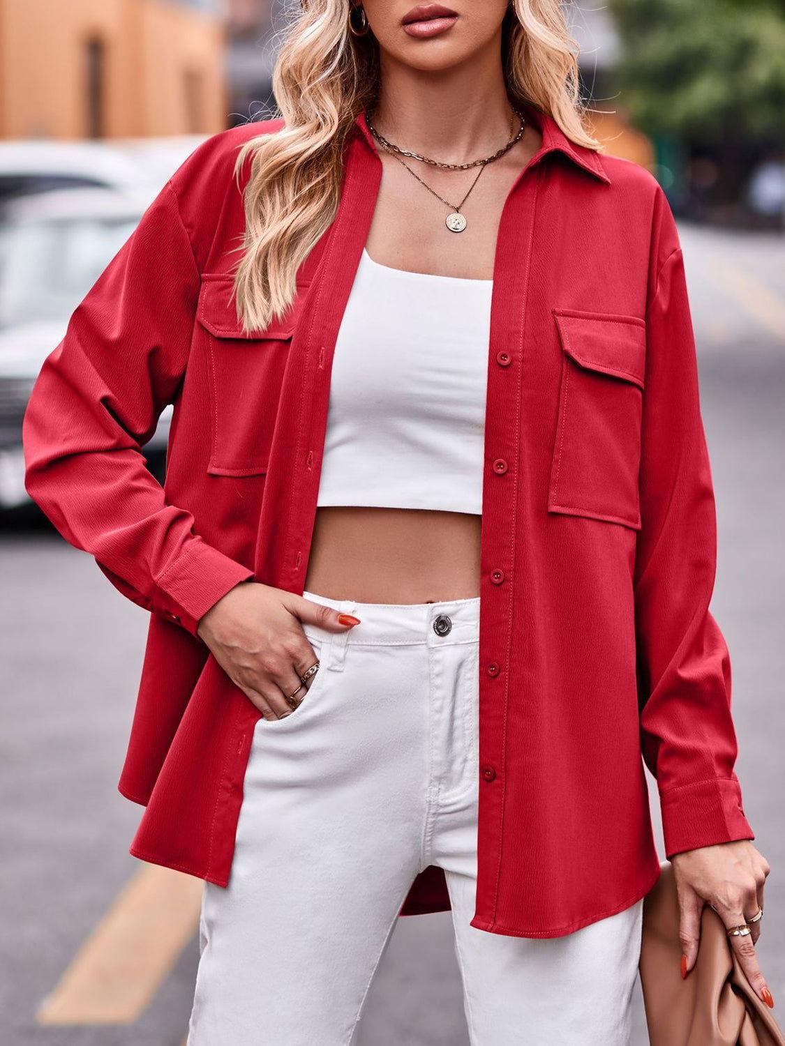 Pocketed Button Up Dropped Shoulder Shacket - Clothes For Her Online Store