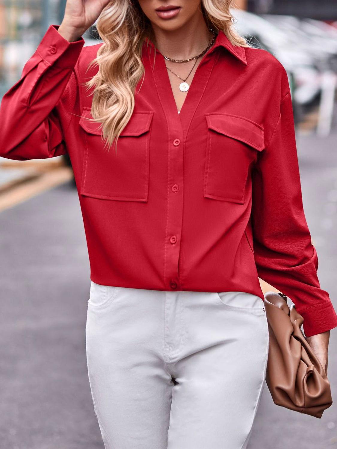 Pocketed Button Up Dropped Shoulder Shacket - Clothes For Her Online Store