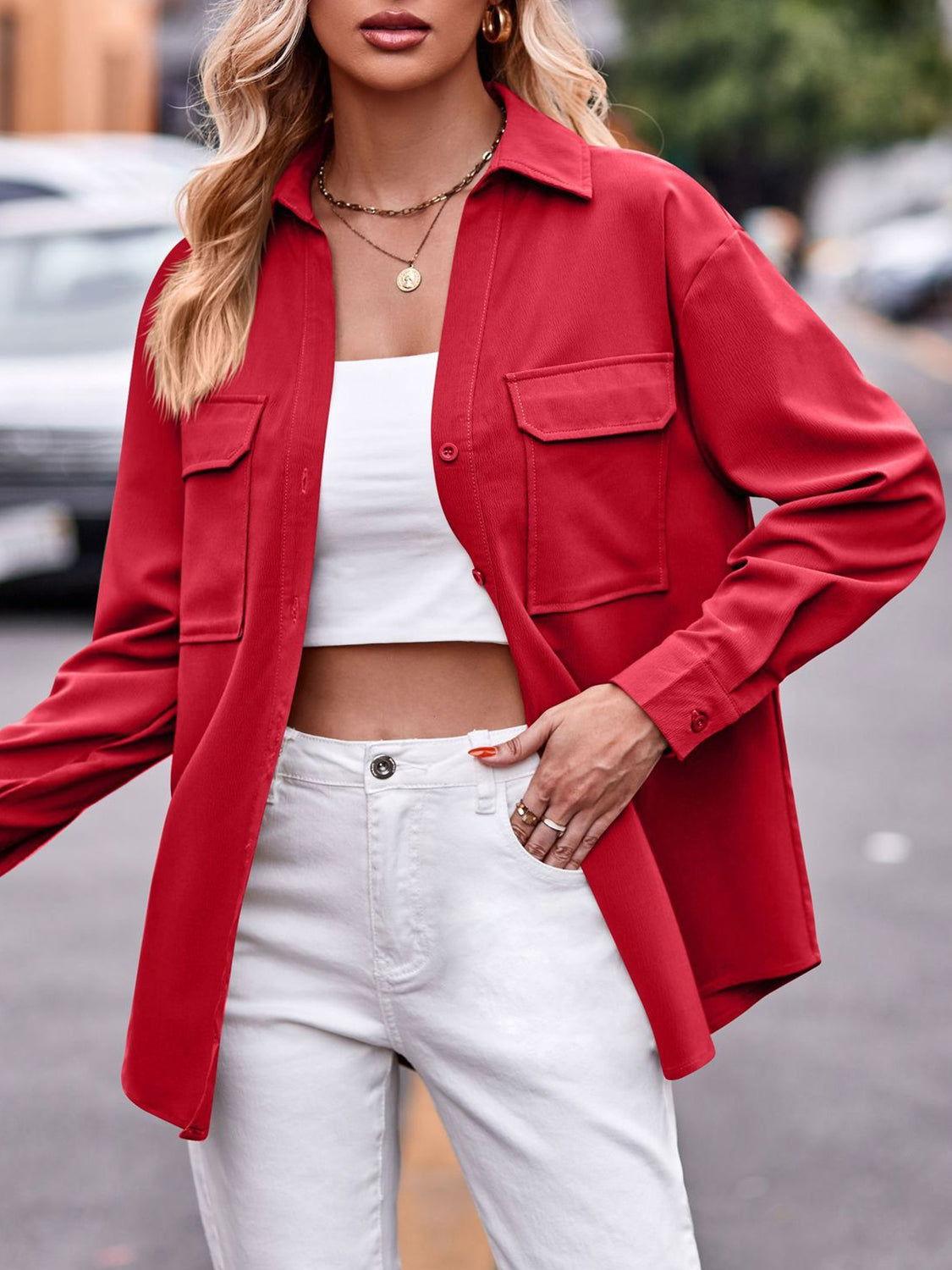 Pocketed Button Up Dropped Shoulder Shacket - Clothes For Her Online Store