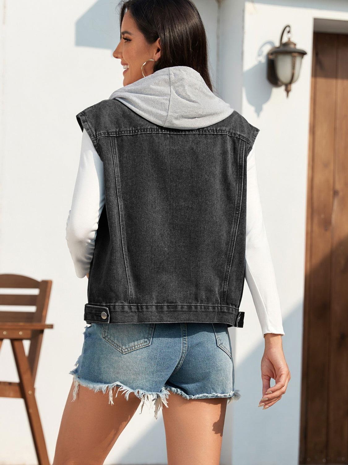 Pocketed Button Up Hooded Denim Jacket - Clothes For Her Online Store