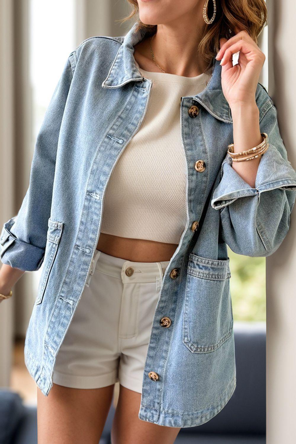 Pocketed Button Up Long Sleeve Denim Jacket - Clothes For Her Online Store
