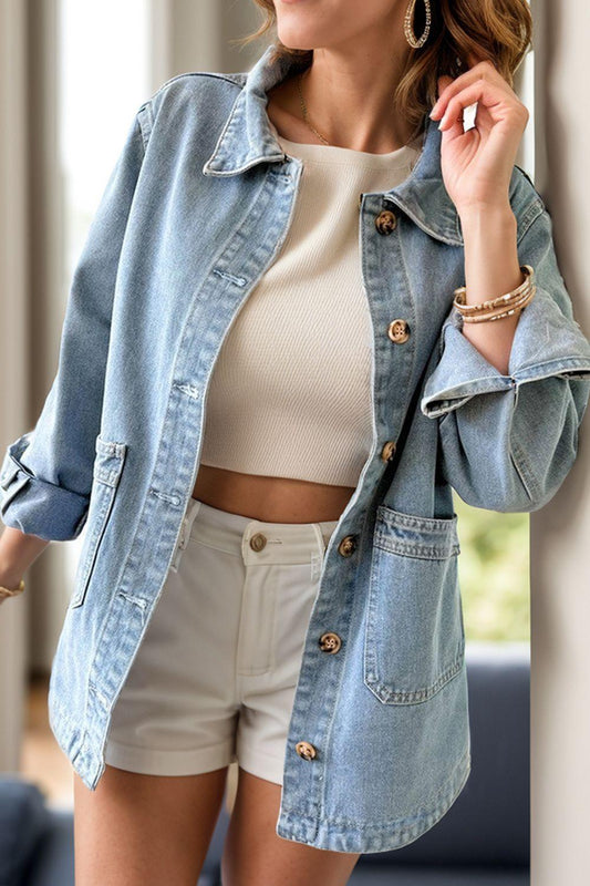 Pocketed Button Up Long Sleeve Denim Jacket - Clothes For Her Online Store