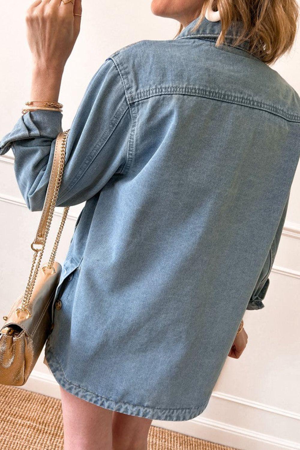 Pocketed Button Up Long Sleeve Denim Jacket - Clothes For Her Online Store