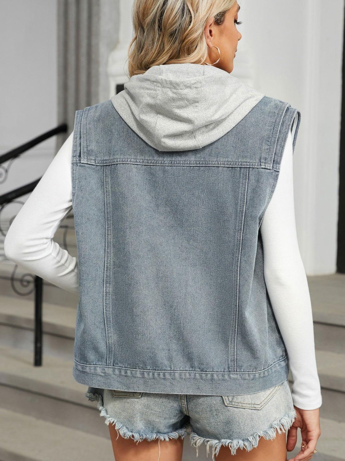 Pocketed Button Up Sleeveless Denim Jacket - Clothes For Her Online Store